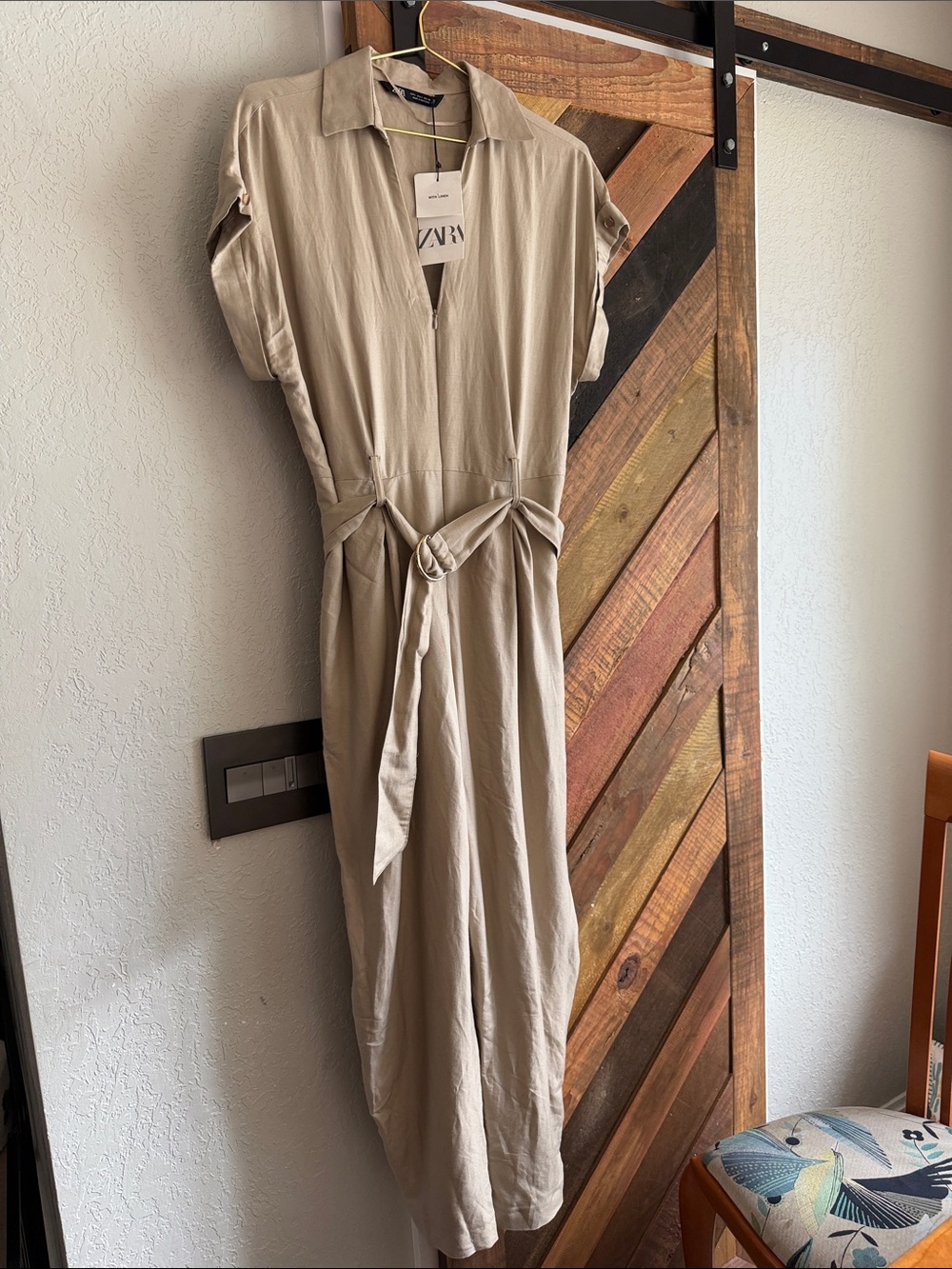 ZARA Neutral Beige belted gold hardwear romper jumpsuit Large L NEW NWT